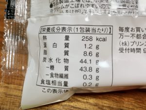 栄養成分、1包装あたりのカロリーは258kcal。1つあたりのカロリーは129kcal。